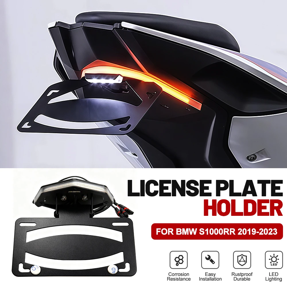 Motorcycle LED License Plate Light Number Plate Holder Bracket For BMW S1000RR 2019-2023 Black License Frame Rear License Mount