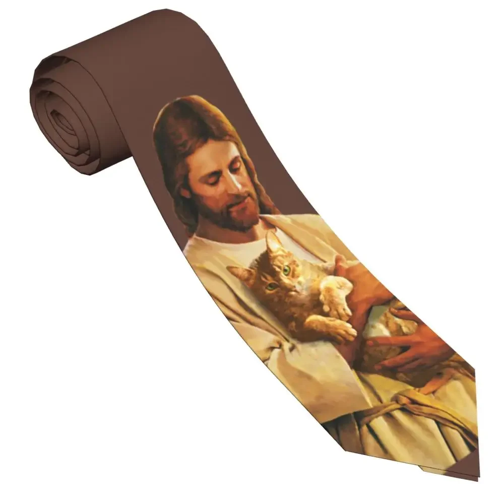 Cristo y su gato corbata Unisex de seda de poliéster, corbata de cuello de Jesús de 8 cm de ancho, accesorios para hombres, corbata de boda y oficina