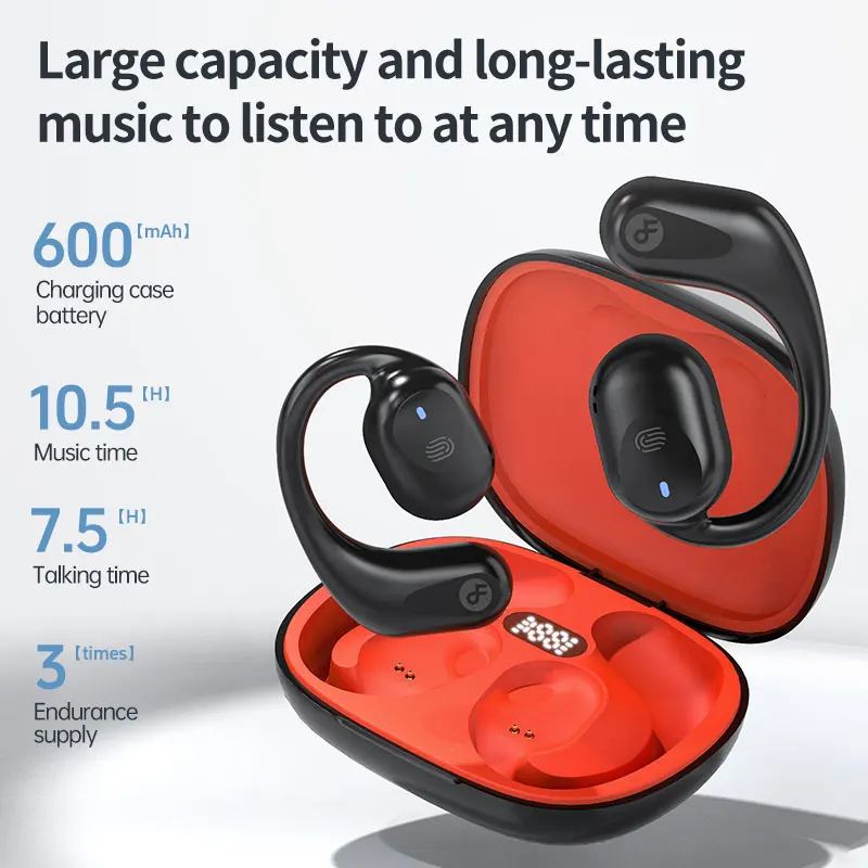 Wireless Earbuds Bluetooth 5.3 Open Ear Headphones 10H Music 600mAh Charging Case LED Display Touch Control Master-Slave Switch