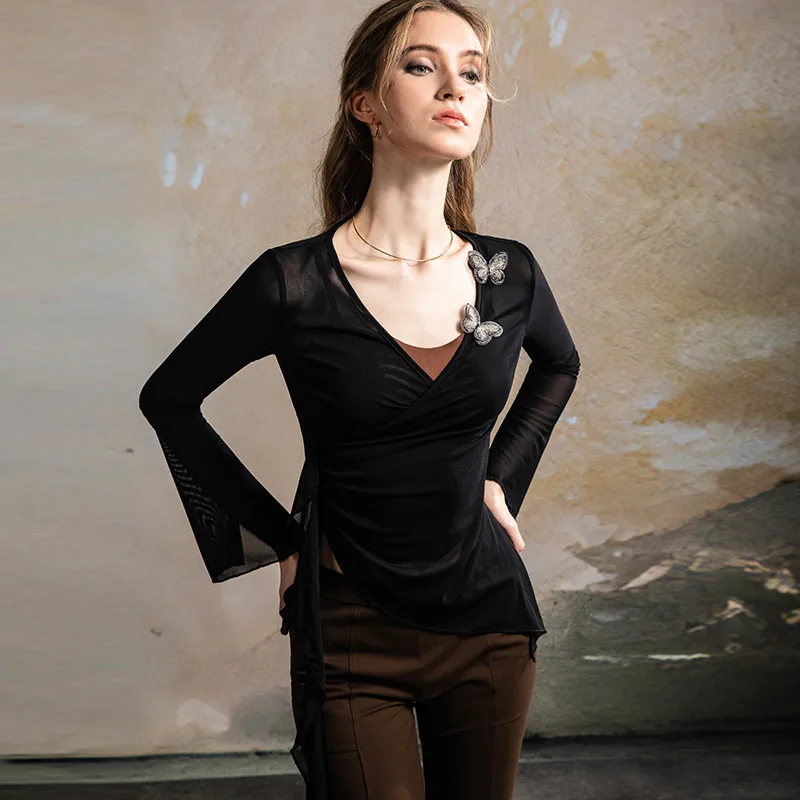 

New 2025 Women's Black Mesh Top Round Neck T-Shirt Women's Sexy Crop Top Casual Lining