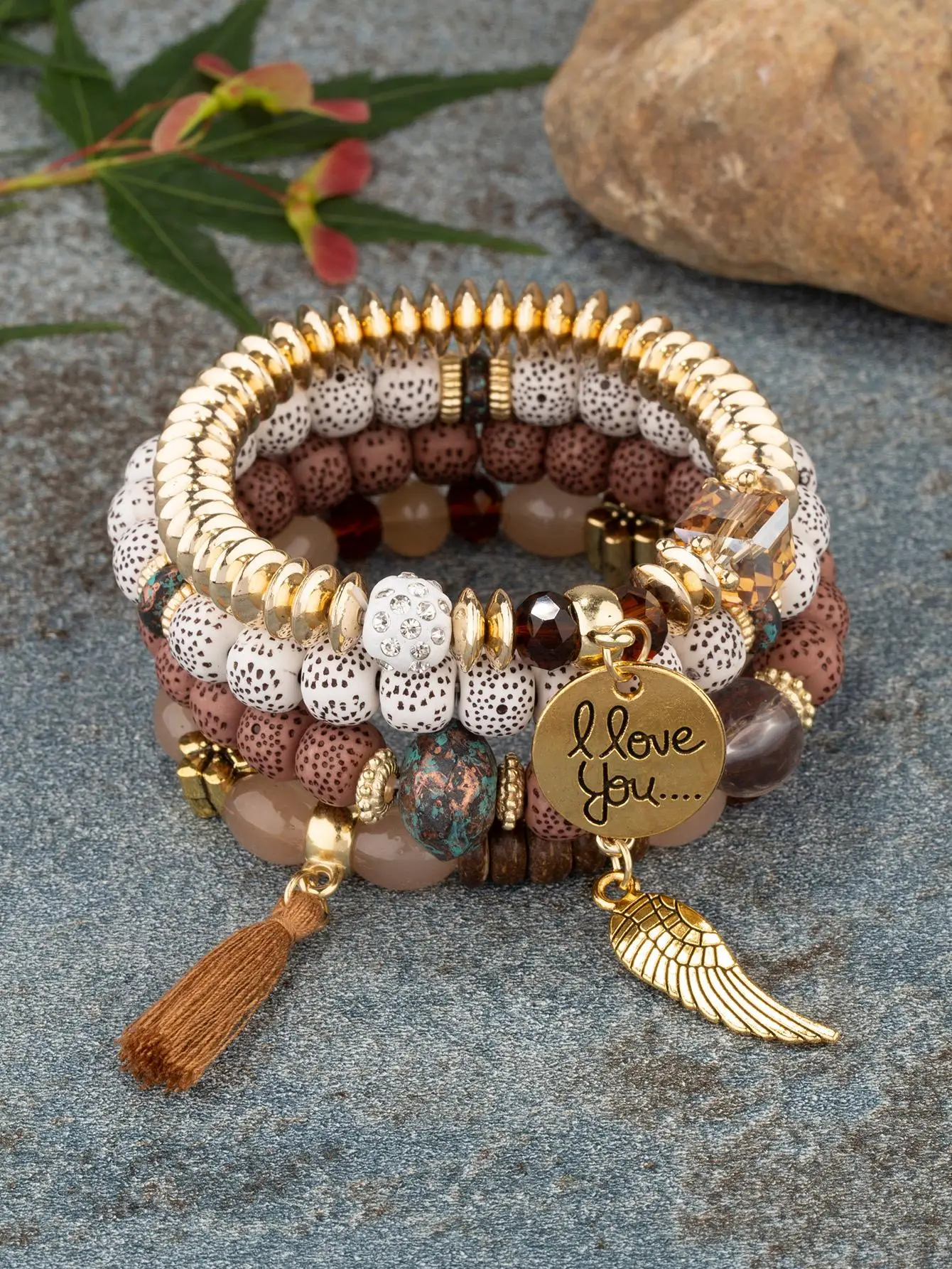 

4Pcs Set Tassel Wing Beaded Bracelet Wooden Decor Fashion Women Jewelry Accessories