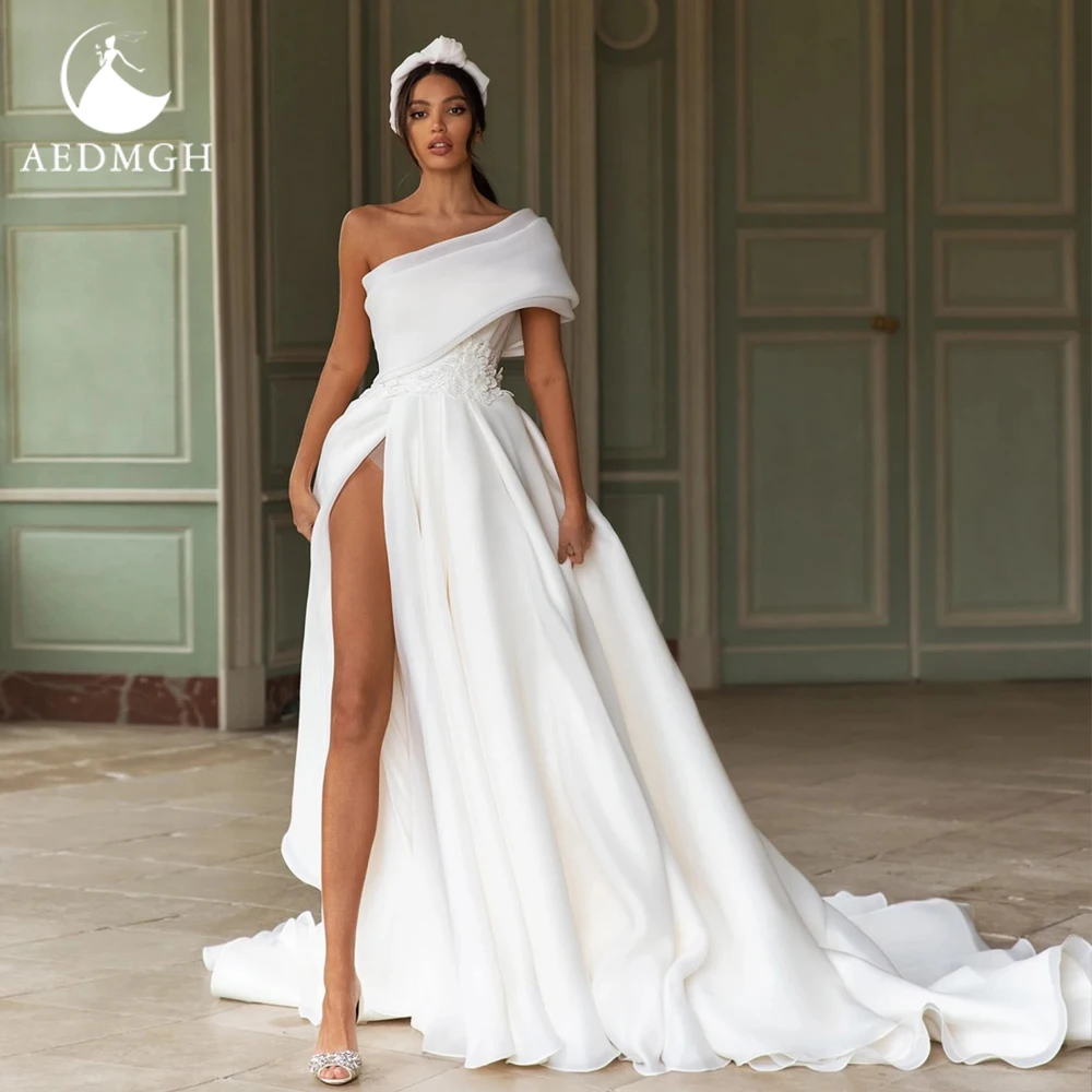 Aedmgh A-Line Chic Wedding Dresses One Shoulder Split Vestido De Novia Beaded Appliques Court Train Bow Custom Made Bridal Gown