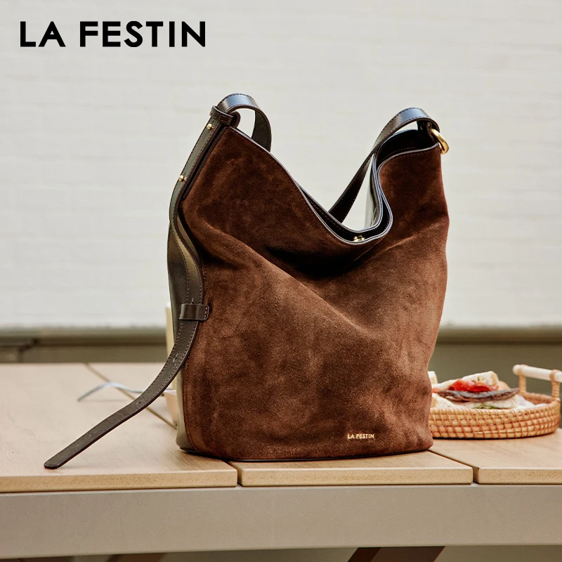 LA FESTIN, bolso de gamuza de marca Original, bolso de lujo de diseñador, bolso tipo cubo, bolso de hombro tipo bandolera, bolsos de mujer para otoño e invierno