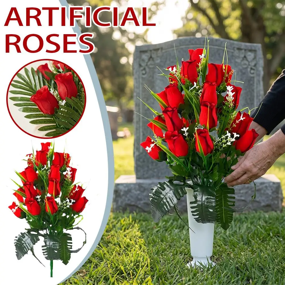 Artificial Red Rose Bouquet Multifunctional Family Party Decoration 24head Flannel Cemetery Memorial Flowers Anniversary Bouquet