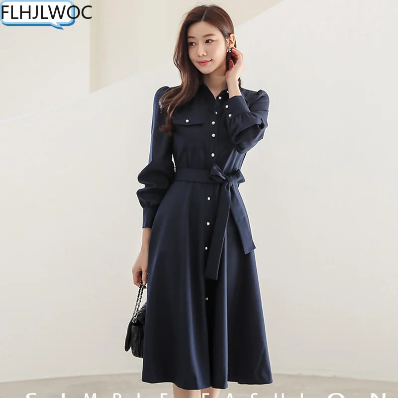 Chic Korean Clothes Design Feminine Vestidos Women Elegant Office Lady Single Breasted Button Long Retro Vintage Shirt Dress