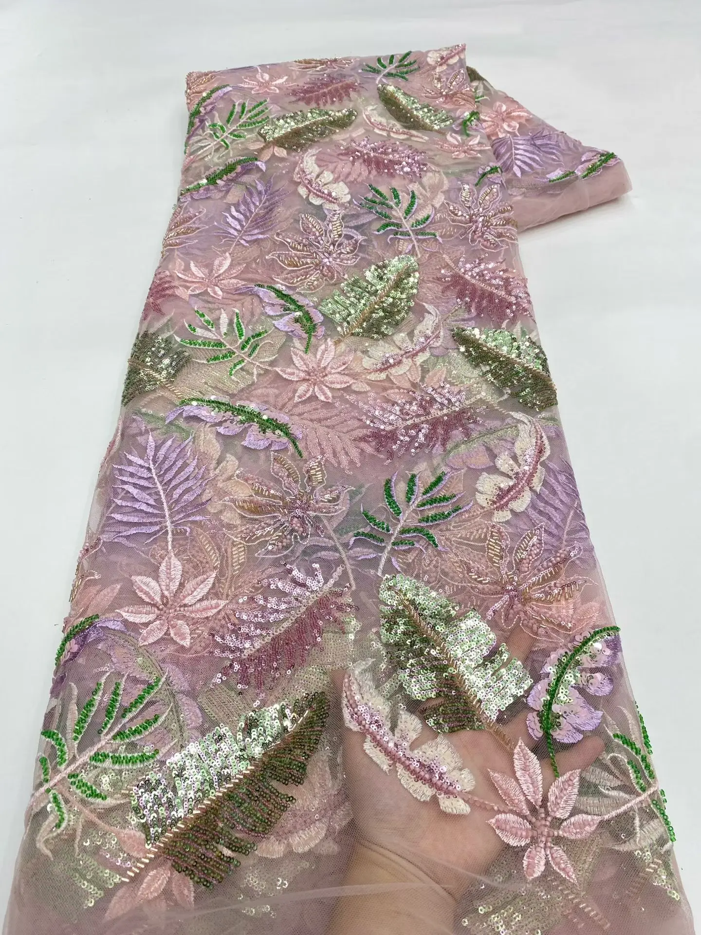 

African Sequins Lace Fabric 2026 High Quality Lace Embroidery Beaded Mesh Fabric 5 Yards For Women Wedding Party Dress