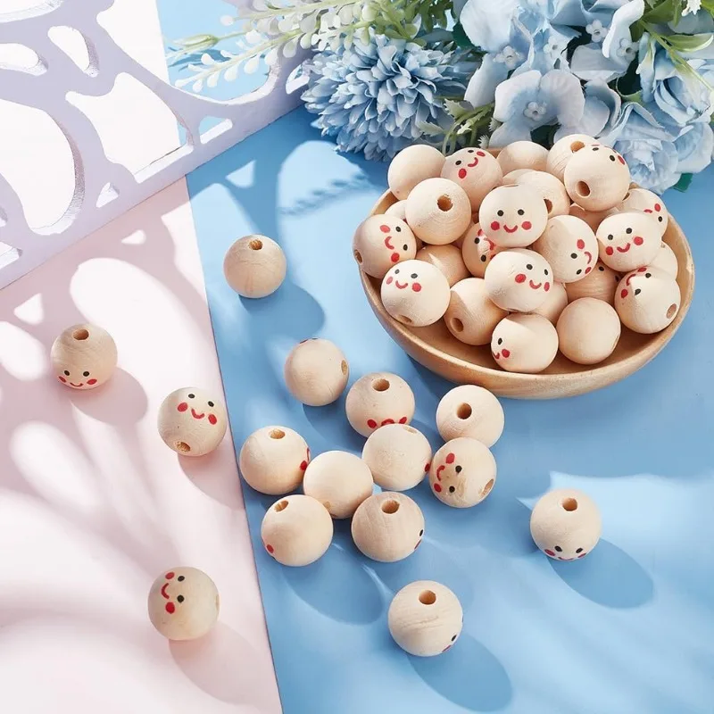 80 Pcs Face Wooden Beads, Smiling Face Beads Round Ball Beads Loose Spacer Beads Smooth Happy Face Bead Face Bead
