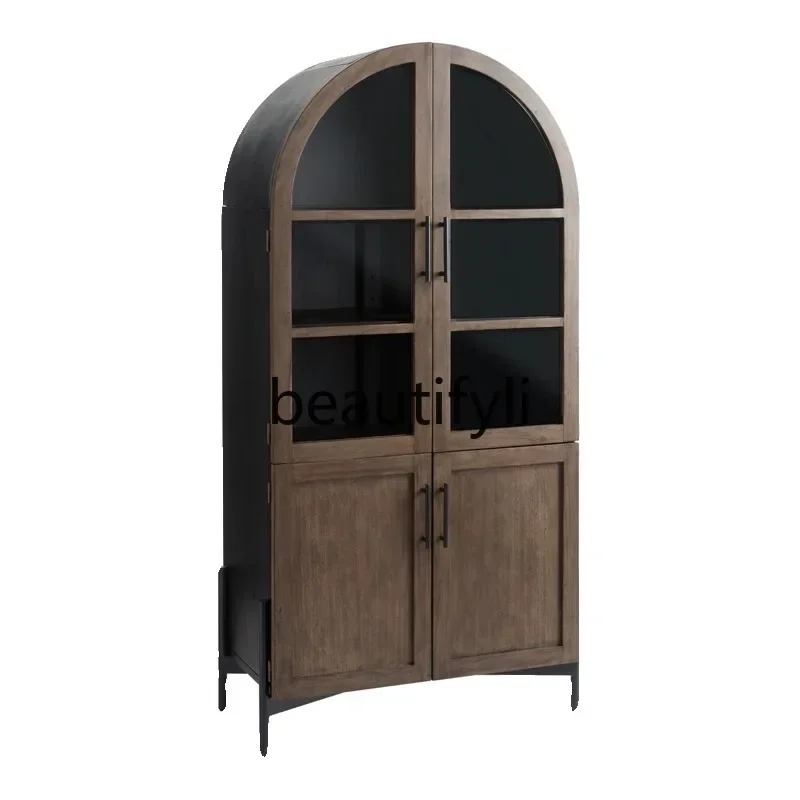 GG American-style Light Luxury Solid Wood Floor Bookcase Living Room Arched Glass Door Storage Cabinet Wine Cabinet