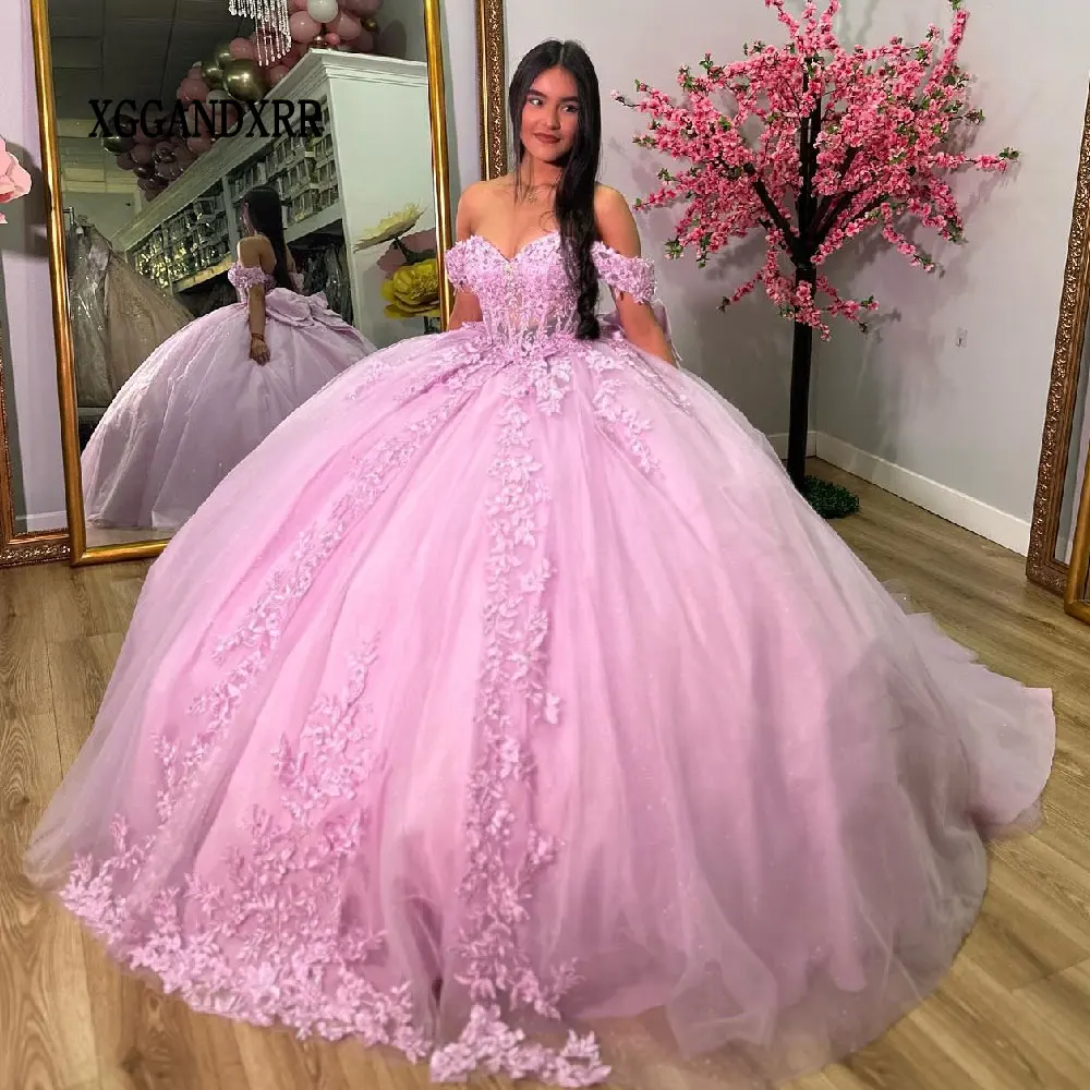 

Розовое платье Quinceanera по индивидуальному заказу 2024, мексиканское платье Vestidos De 15 с корсетом на костях, кружевное бальное платье с аппликацией и бантом, платье принцессы Sweet 16