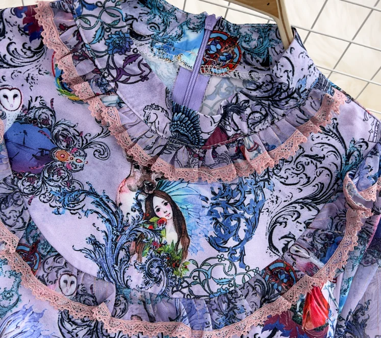 New runway skirt suits women\'s Ruffles Lace vintage Floral printed blouse shirts tops And party elegant skirt suits set NS651