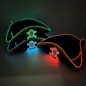 해골 패턴 검은 해적 모자, 할로윈 테마 빛나는 헤드기어 트리콘 모자, 코스프레 코스튬 액세서리 
