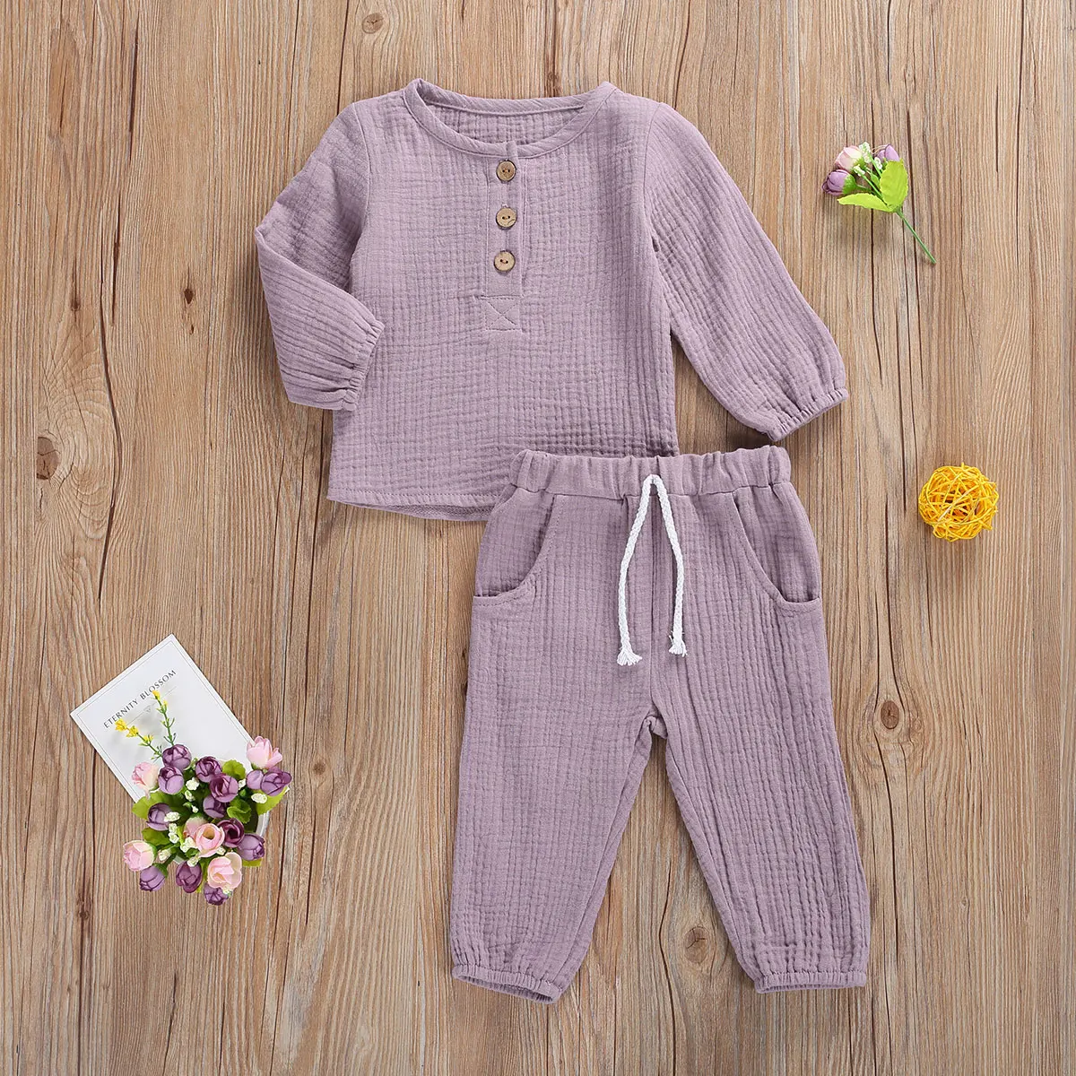 Toddler Baby Girls Boys Autumn Casual Clothes Sets Outfit Cotton Linen Long Sleeve Tops+Pants Outfit 2Pcs Set