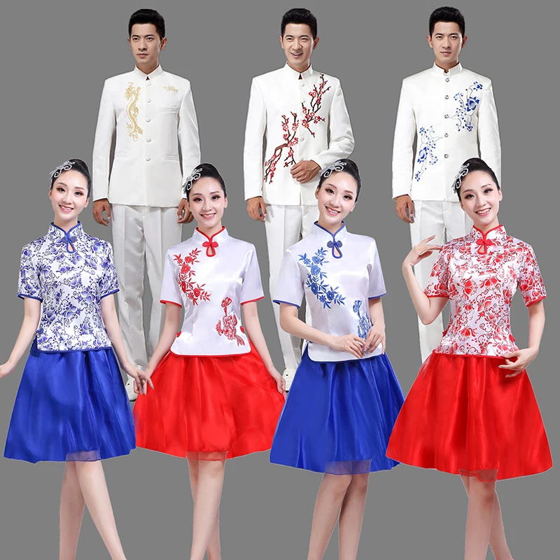 Muzyka ludowa w stylu chińskim niebiesko-biała porcelana kostium chórowy dla dorosłych Guzheng Erhu recytacja sukienka damska