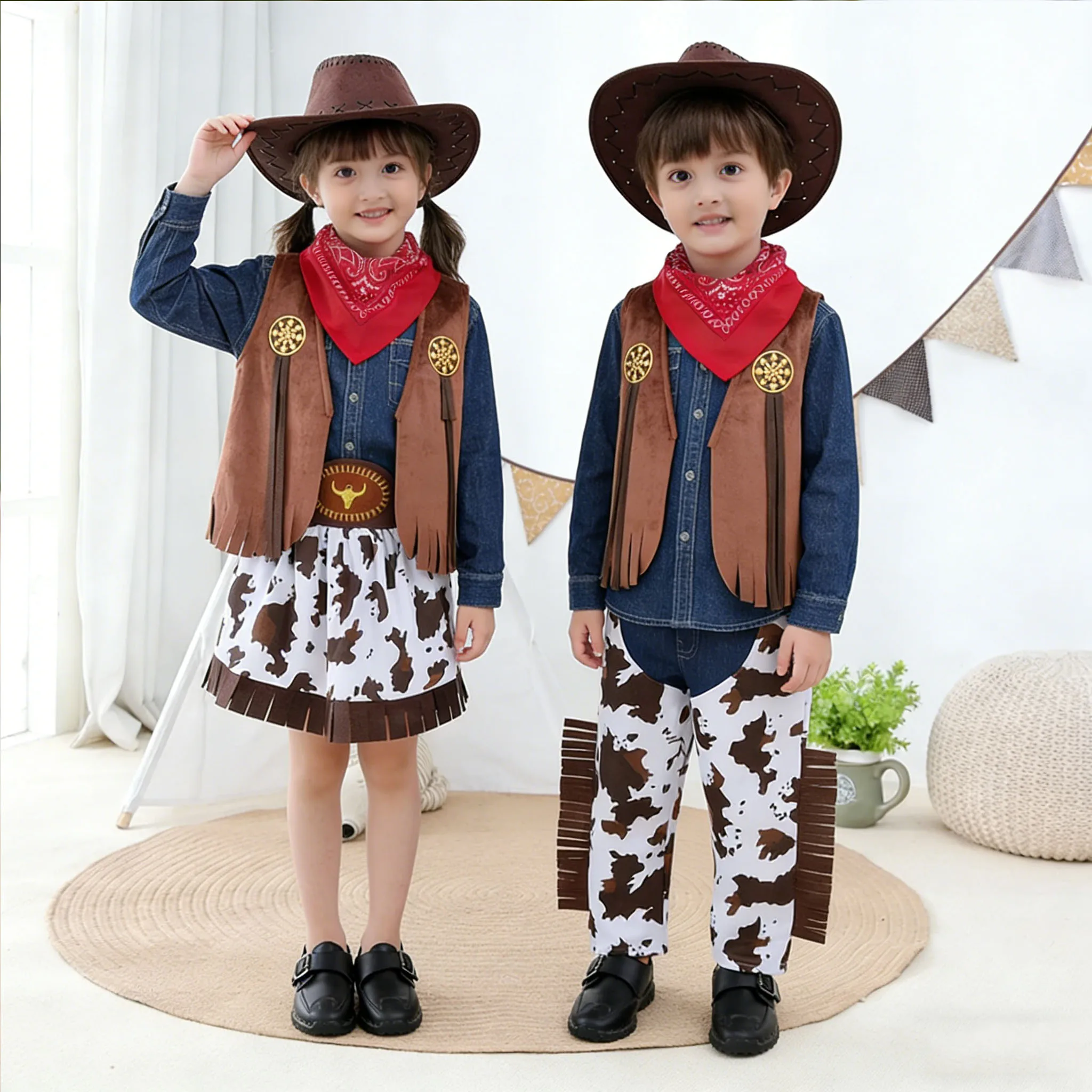 Disfraz de Vaquero del Viejo Oeste para Niños y Niñas, Traje de Fiesta de Halloween con Sombrero y Pañuelo, Ropa de Cosplay para Fiesta de Cumpleaños