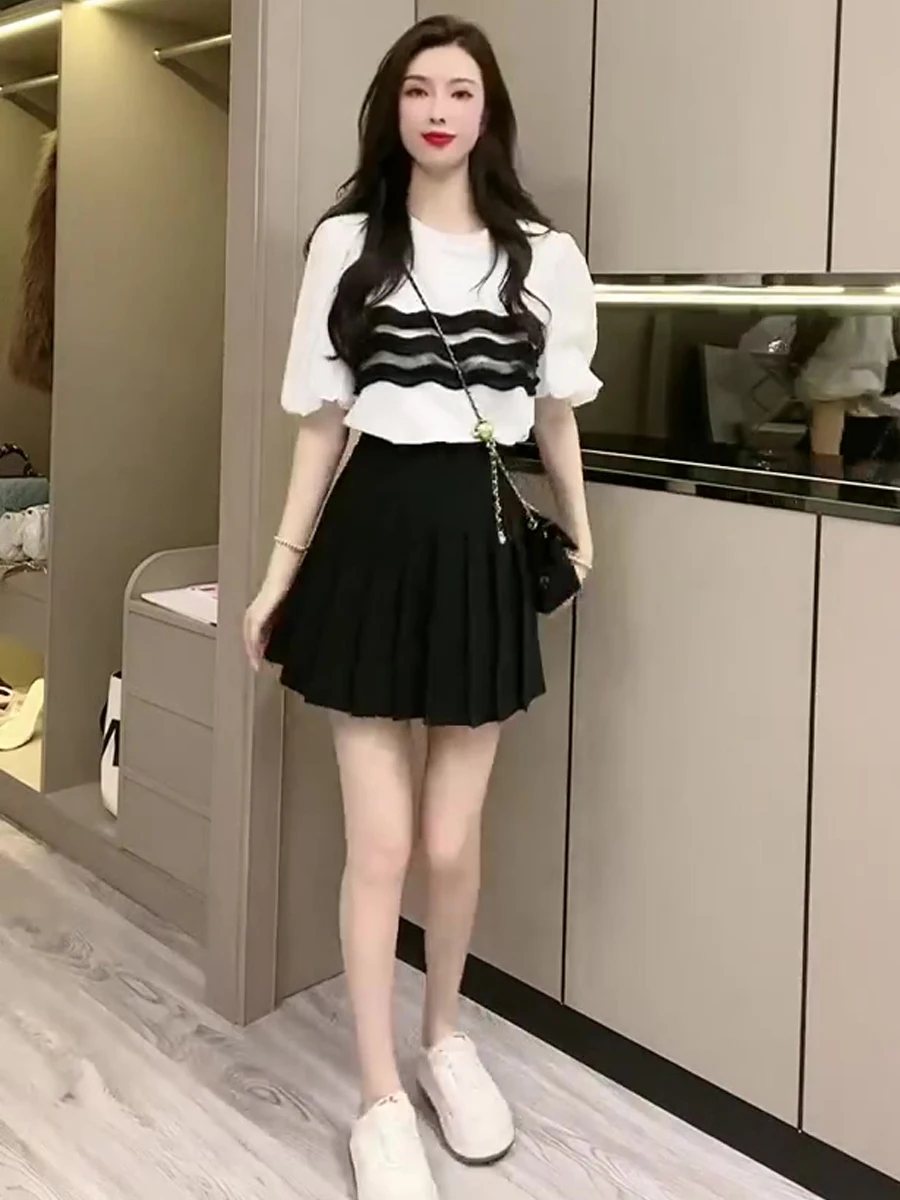 패셔너블한 투피스 세트 여성용 2025년 신상 슬레 에이지 디파잉 탑 플리츠 스커트 여름 의상 클레테 앙상블