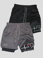 2pcs 2-in-1 Double Layer Fashion Colorful Heart Line Print Men's Casual Sports Shorts