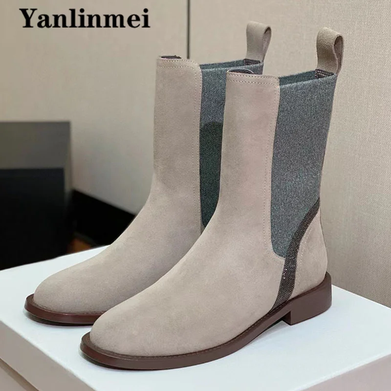 

Luxury Cow Suede Chelsea Boots Woman Round Toe Slip-On Flat Knight Boots String Bead Comfort Short Motorcycle Boots Women