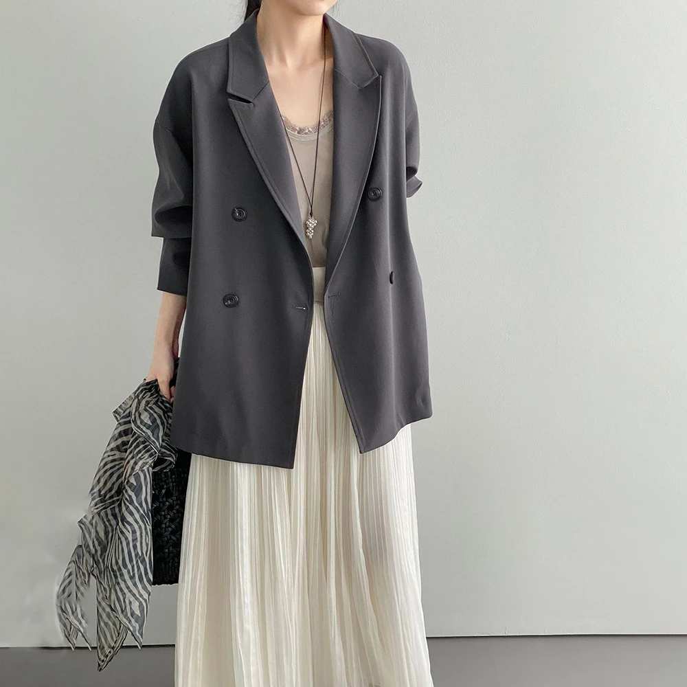 TWOTWINSTYLE Solid Spliced Double Breasted Loose Jacket for Women Lapel Collar Short Sleeve Patchwork Pleated Jackets Female New
