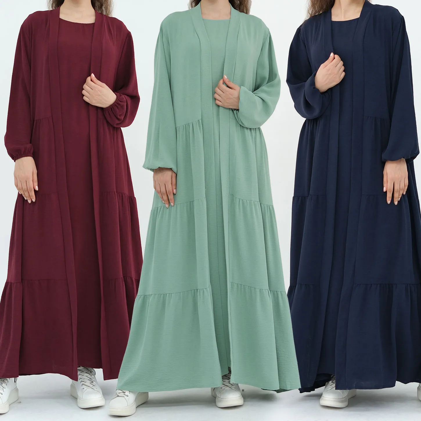 Sweet Loose-Fit Muslimah Abaya Dress Set Hijabi Outfit Modest Islamic Clothing Co-Ord Set: Sleeveless Inner Dress + Open Abaya