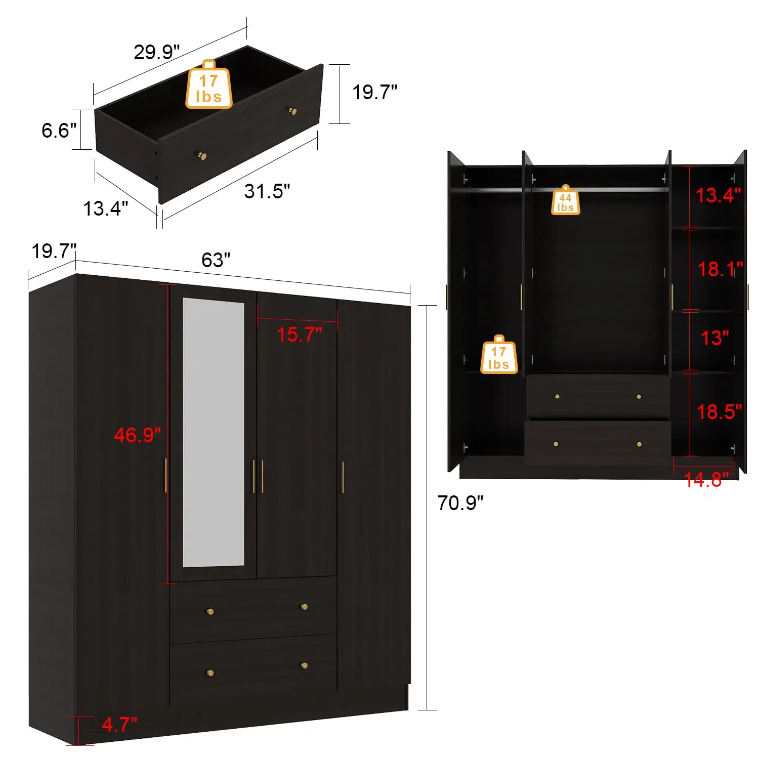 Dark Brown Wardrobe Armoire with Mirror 5-Tier Shelves 2 Drawers 2 Hanging Rods and 4 Doors Wooden Closet Storage Cabinet