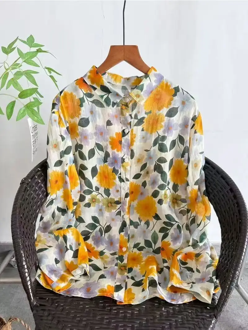 

2026 Vintage clothing original brand cartoon fruit print long sleeve shirts and blouses 100% linen ramie women's tops