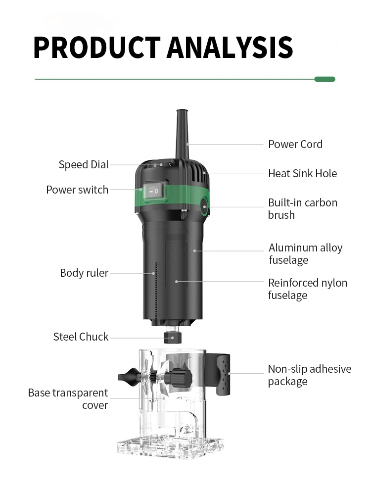 800W Electric Wood Router Woodworking Electric Trimmer Engraving Slotting Trimming Carving Machine Kit With 6.35 Milling Cutter