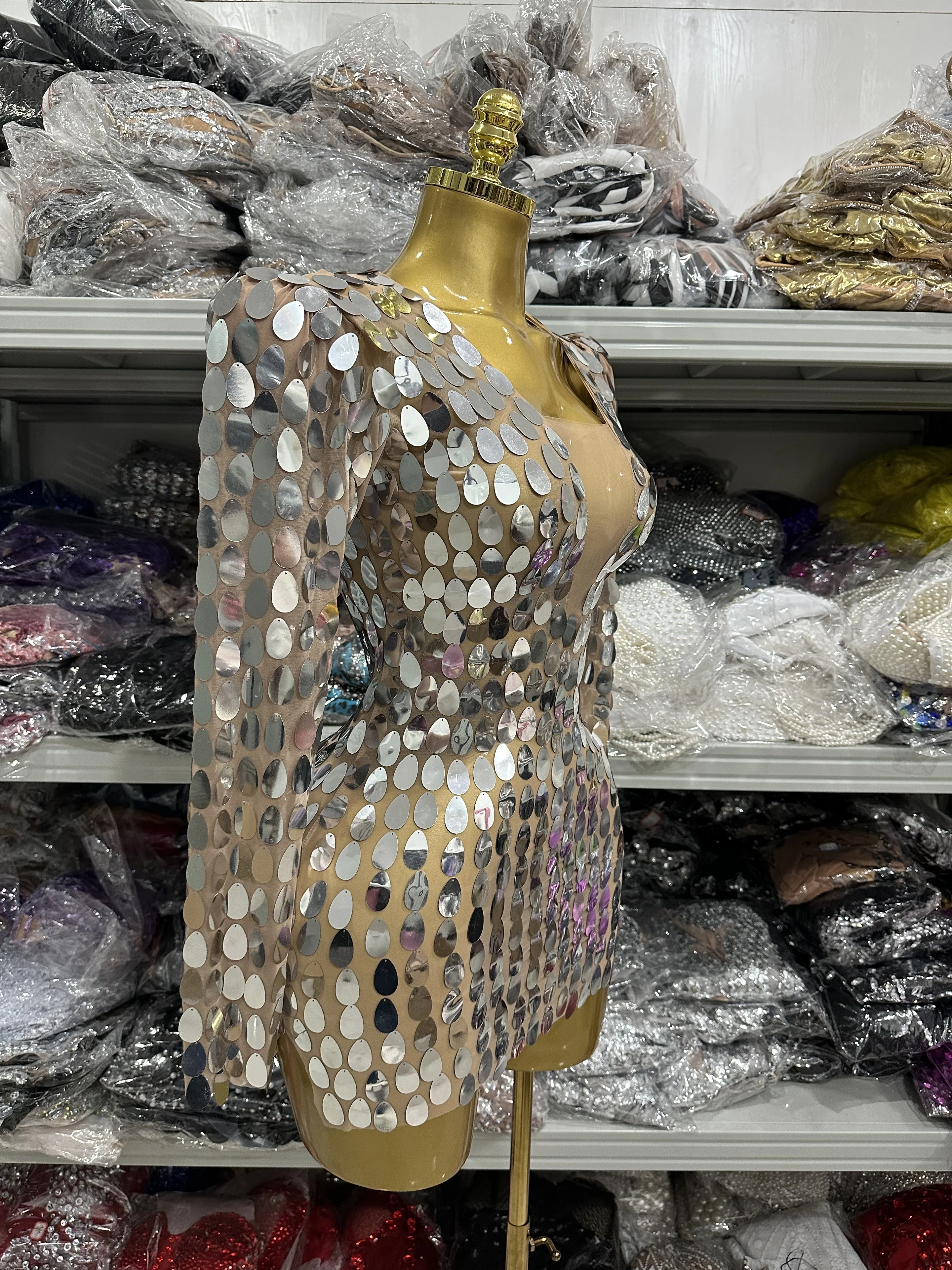 Sparkly Zilveren Lovertjes Vrouwen Lange Mouw Sexy Bodycon Mini Jurk Vieren Bar Zanger Prestaties Kostuum Stadium Slijtage