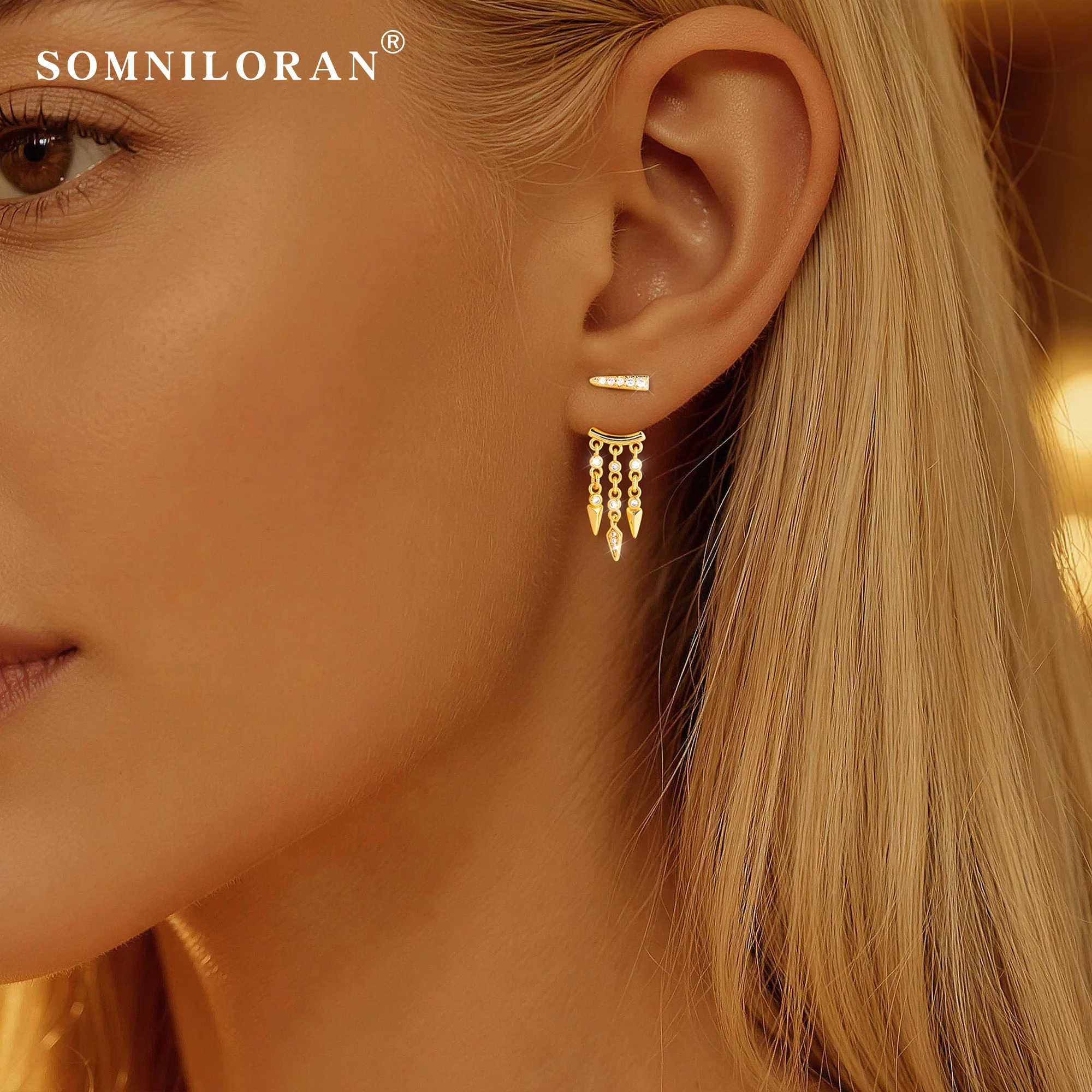 Dangle Earrings for Women Triple Huggie Hoop Illusion Earrings Dainty Drop 14K Gold Plated Hypoallergenic Cubic Zirconia