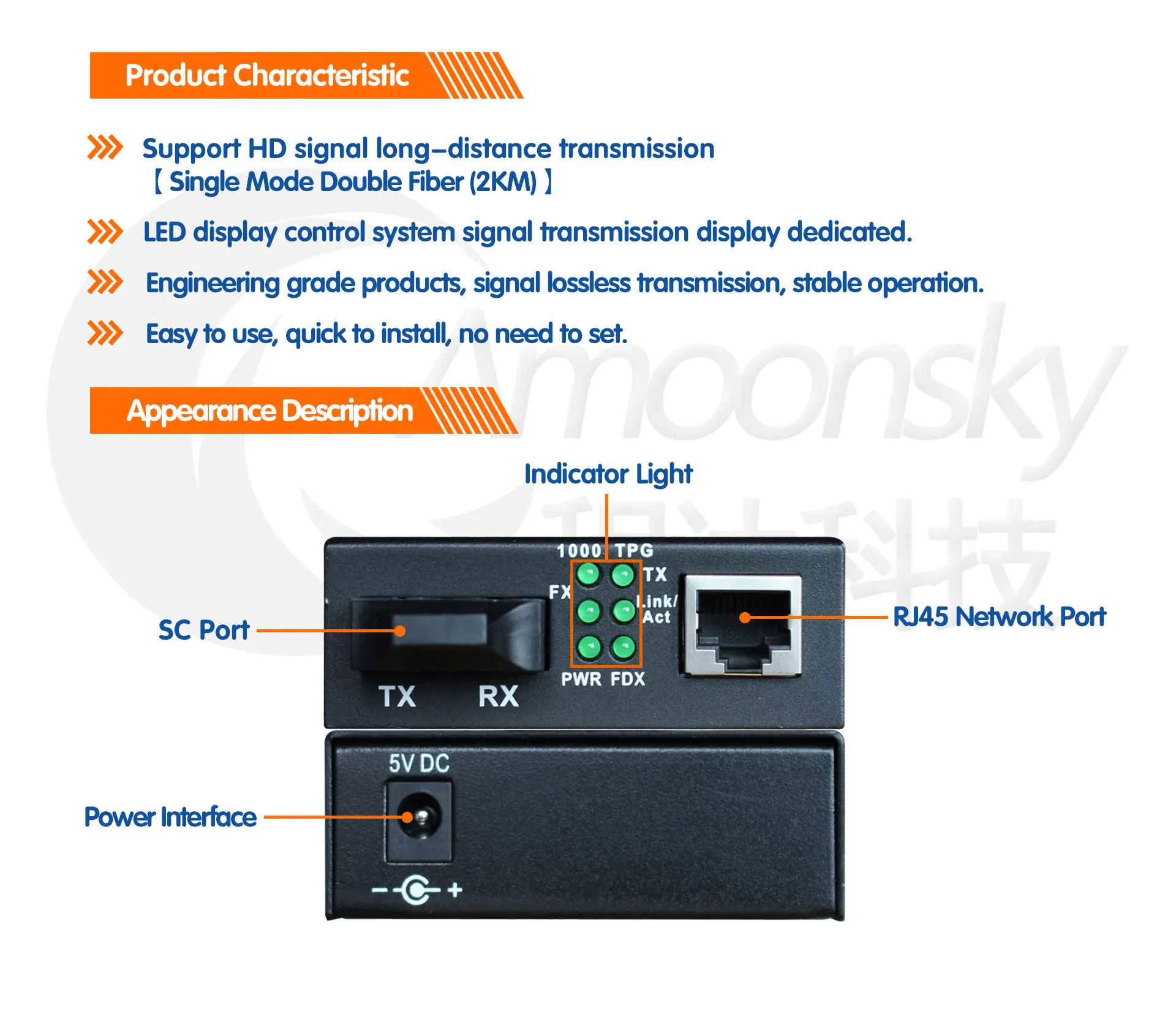 AMS-SC701 Fiber Optic Transmitter and Receiver with Stable Signal Transfer for LED Display System Plug-and-Play Design