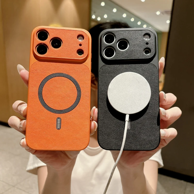Funda de Cuero PU con Borde Suave y Revestimiento para Carga Inalámbrica Magnética Magsafe para iPhone 17 Pro Max 15 13 14 16 Pro Max