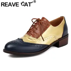 REAVE CAT British Vintage Women Flats Round Toe Thick Heels Mixed Color Lace Up Brogues Shoes Big Size 47 48