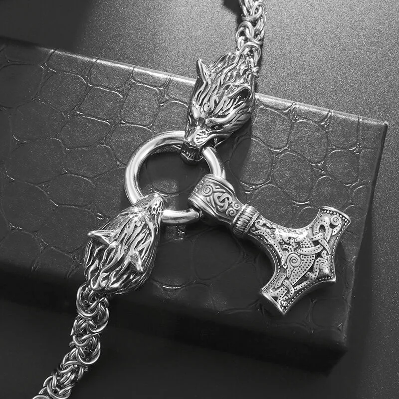 High Quality Vintage Nordic  Necklace Double Wolf Head Thor\'s Hammer Pendant Necklace Men Stainless Steel Jewelry Gift