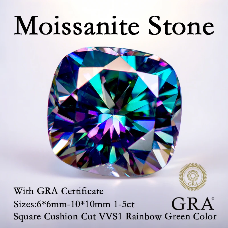 

Moissanite Stone Square Cushion Shape Rainbow Green Color VVS1 Gemstone Charms Beads for DIY Jewelry Making with GRA Certificate