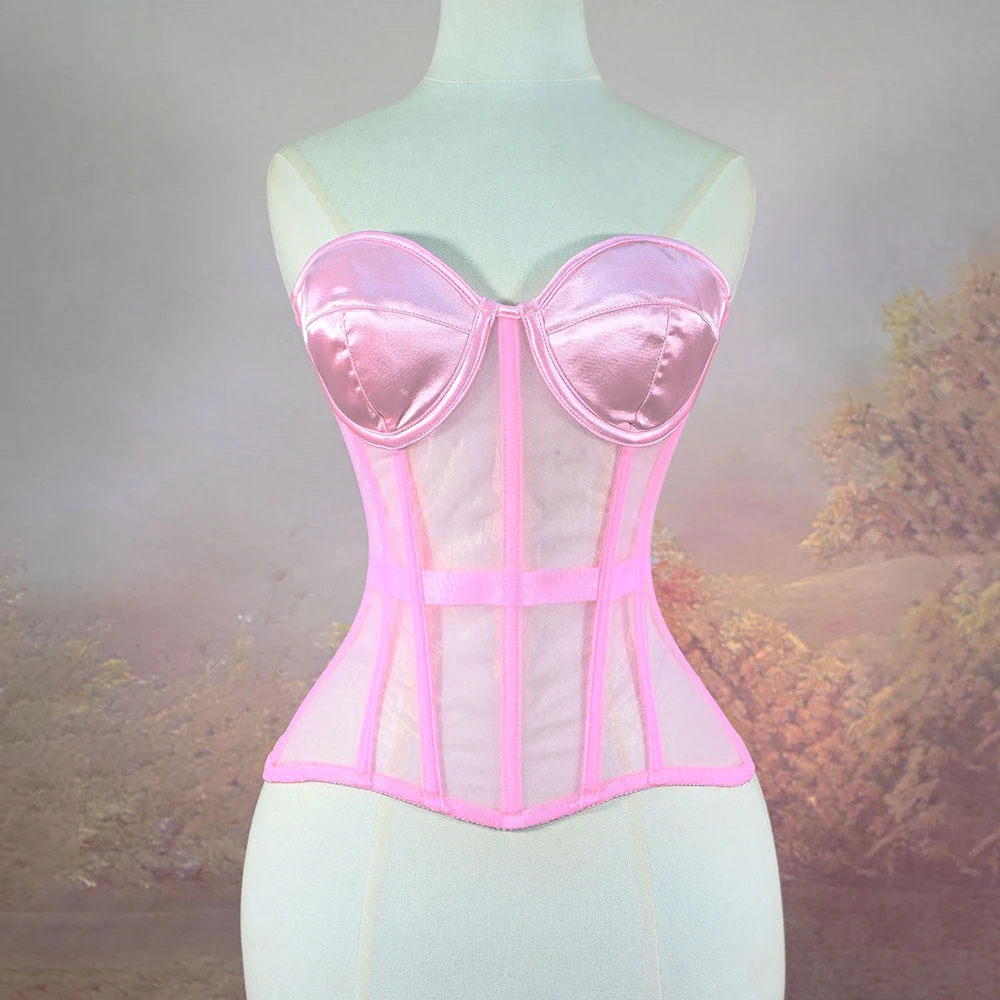 Women's Corset Bustiers Strapless With Bra Breathable Mesh Lace Up Boned Bodices Waist Girdle Tummy Control Tight Tops view 6