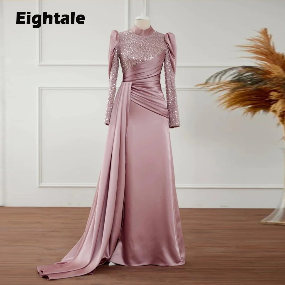 Eightale Arabic Evening Dress for Wedding Party Pink Muslim Prom Gowns Satin Sequined Long Sleeves Customized Dress abendkleid