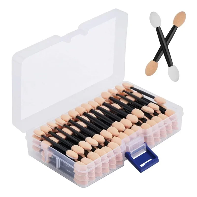 Cuttte 50/100 STUKS Wegwerp Dubbele Kanten Oogschaduw Spons Applicators met Container, Lengte Oogschaduw Borstels Make-up Applicator