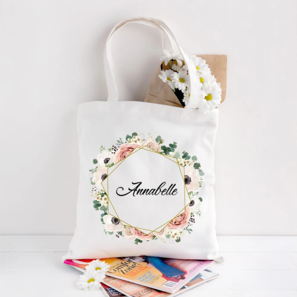 Benutzer definierte Name Blumenkranz jeden Tag Einkaufstasche Baumwolle Leinwand Schulter Shopper Einkaufstasche Studenten Lehrer Buch Reise Lagerung Handtasche