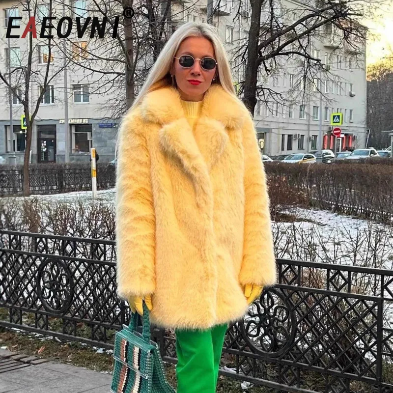 

EAEOVNI зимняя меховая куртка средней длины для женщин, модная свободная однотонная верхняя одежда с зубчатым воротником, пальто, элегантная новая одежда