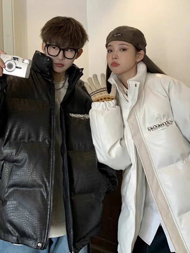 

Зимняя корейская куртка с крокодиловым узором, мужская, утепленная, с воротником-стойкой, из искусственной кожи, теплая, на молнии