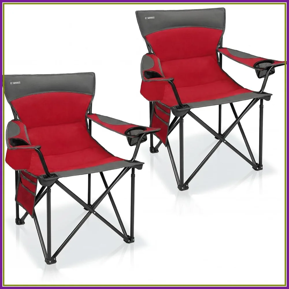 

Oversized Camping Chair for Adults 2 Pack - Padded Lawn Chairs with Cup Holder & Side Pocket, Heavy Duty Folding Outdoor Chairs