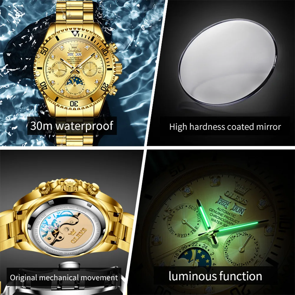 OLEVS 6729 Мужские механические часы, золотые роскошные брендовые полностью автоматические часы, мужские многофункциональные оригинальные спортивные мужские часы с фазой Луны