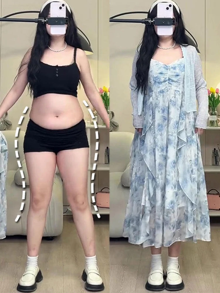 

Blue Floral Gentle Style Women's Dress Summer Long Sleeveless V-Neck High Waist Wide Leg Pants plus Size Dress with Puff Sleeves