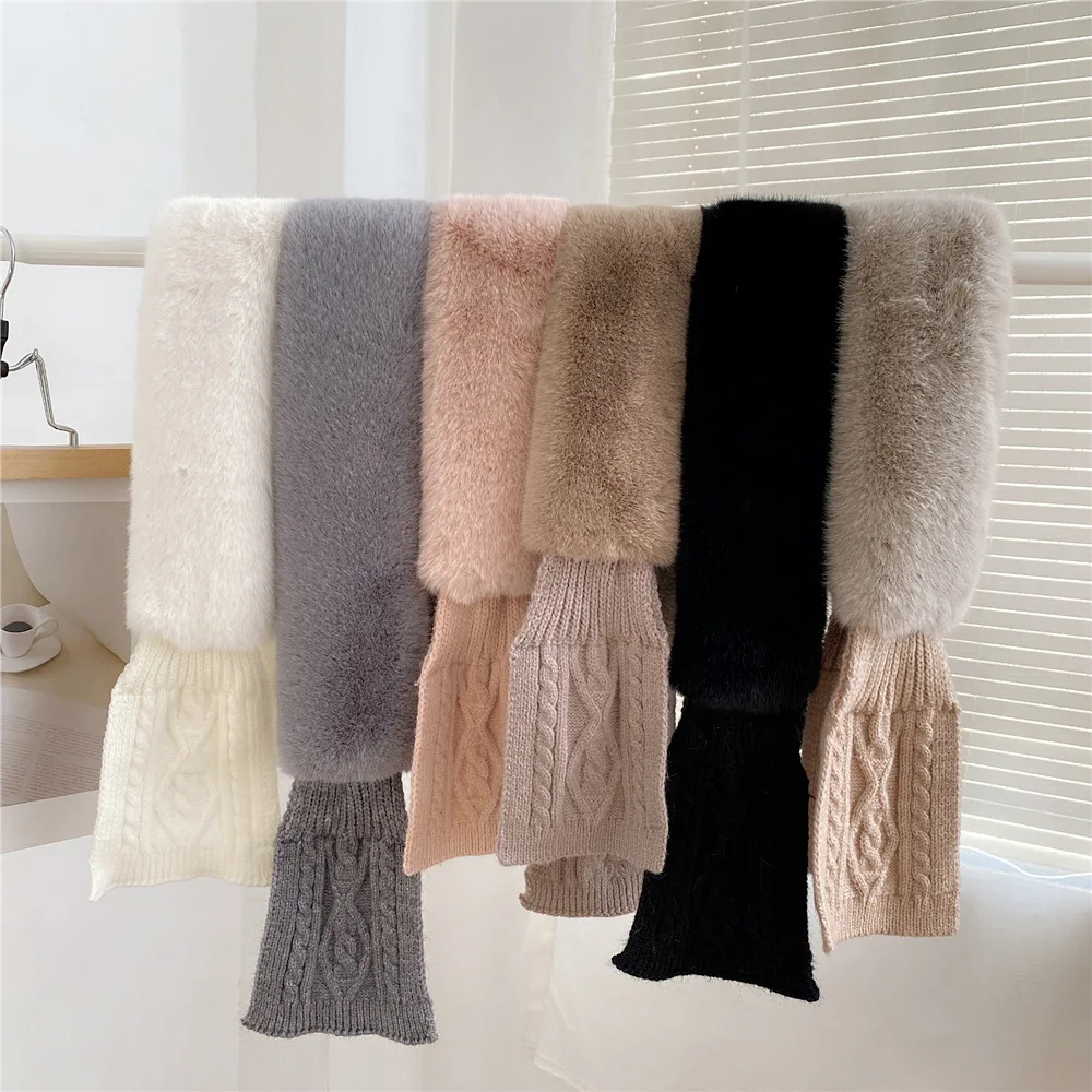 Faux Rabbit Fur Knit Cross Scarf Winter Women Neck Collar Scarf Outdoor Neck Warm Neckerchief Solid Color Plush Scarves Shawl