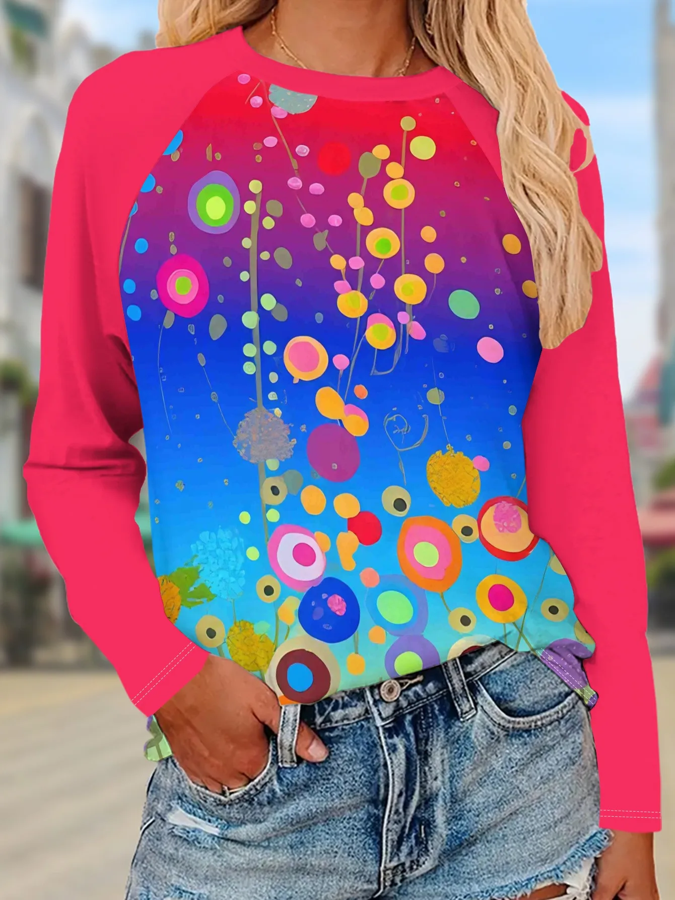 New Women Round Neck Long Sleeve T-shirt Colorful Polka Dot Bubble Street Print Casual Top Spring Autumn Ladies Daily Wear