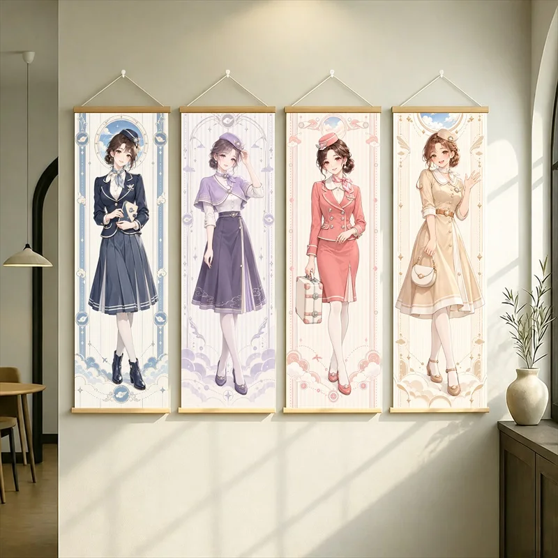 Anime Women in Navy, Violet, Pink and Cream Outfits Hanging Scroll with Delicate Floral Illustration for a Reading Nook
