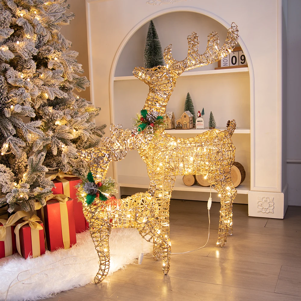 

Christmas Iron Deer Ornaments Golden Reindeer Cart Elk Garden Decoration Christmas Tree Matching Scene Deer Light New Year Decor