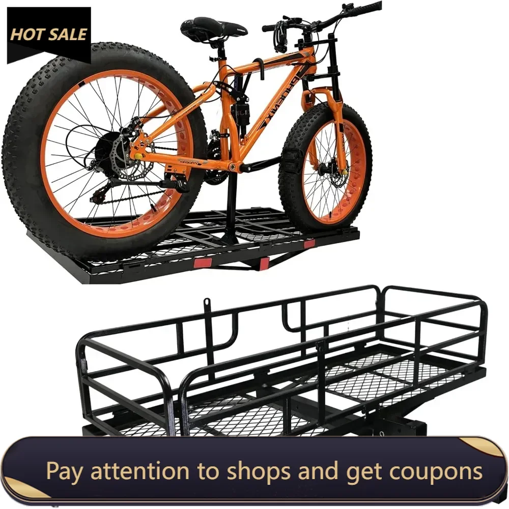 

Hitch Mount Cargo Carrier Basket - Comes with Bike Rack Fits 2 Ebike Fat-Tire Electric Bicycle with Folding Heavy Duty Trailer