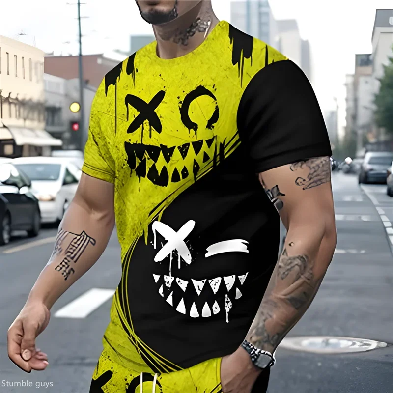 Men Short Sleeve T‑Shirt Cool Graffiti Devil Face Graphic Print Crew Neck Tee Casual Streetwear For Summer Daily Holiday Wear