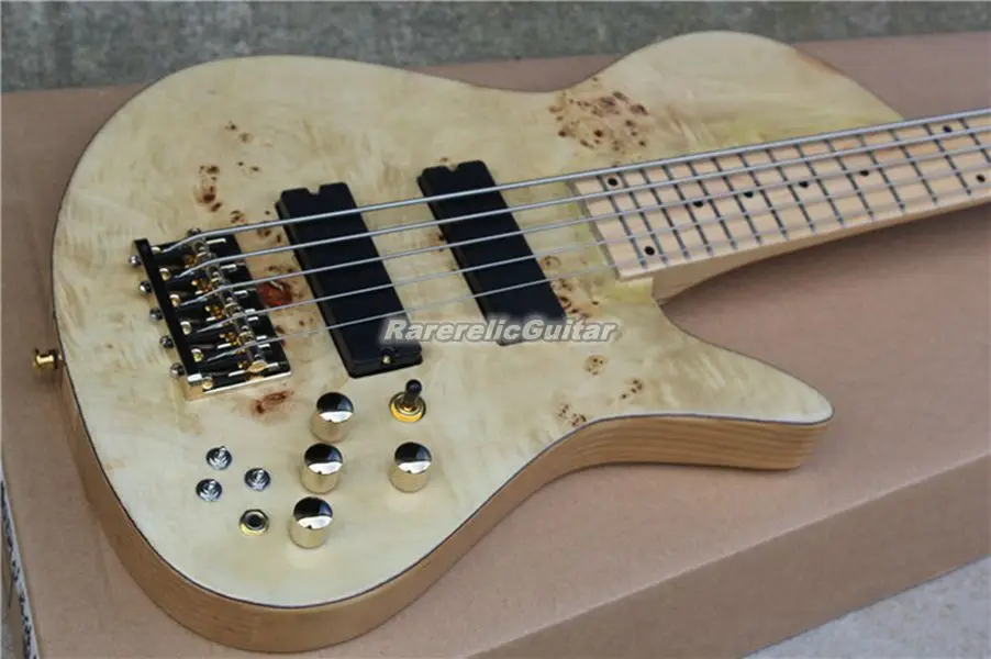 ​Fode 5 Strings Burl Natural Wood Spalted Maple Top Electric Bass Guitar Ash Body Maple Neck  Abalone Butterfly Gold Hardware