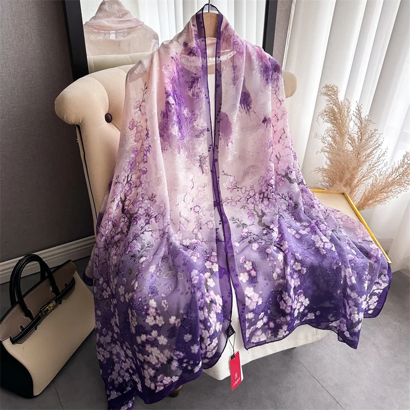 2025 Brand New Women's Elegant Gradient Color Life Tree Flower Chiffon Scarf Long Shawl Summer Multi Color Printing